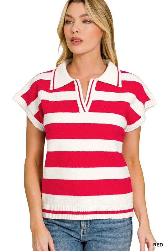 My GIrl Striped Collared Short Sleeve Sweater