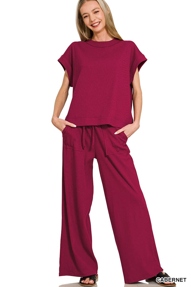 42POPS -  Ribbed Short Sleeve Tee & Pants 2PC Set - Zenana