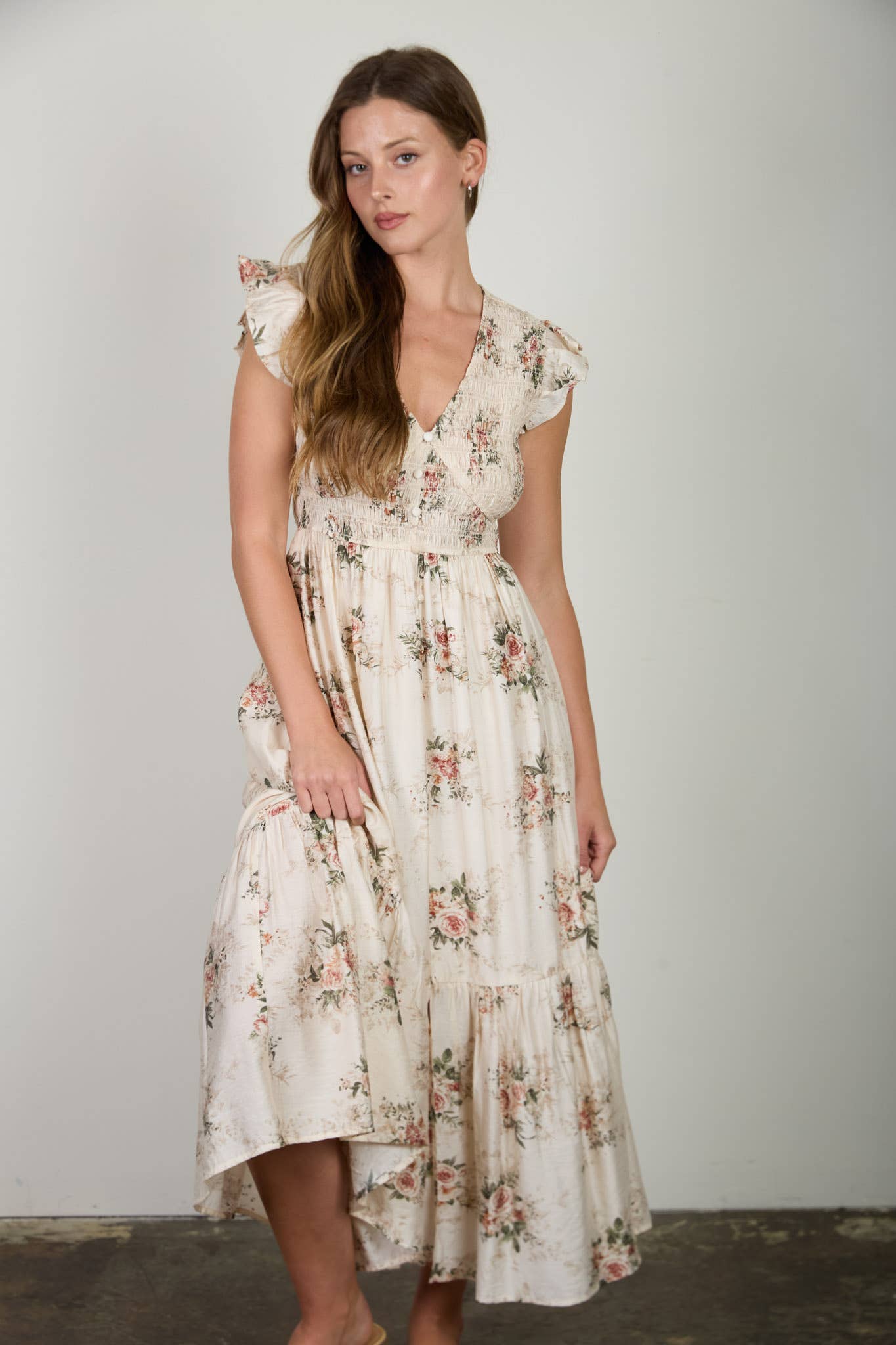 MINE - ROSE PRINT SMOCKED V NECK BUTTON DOWN MIDI DRESS