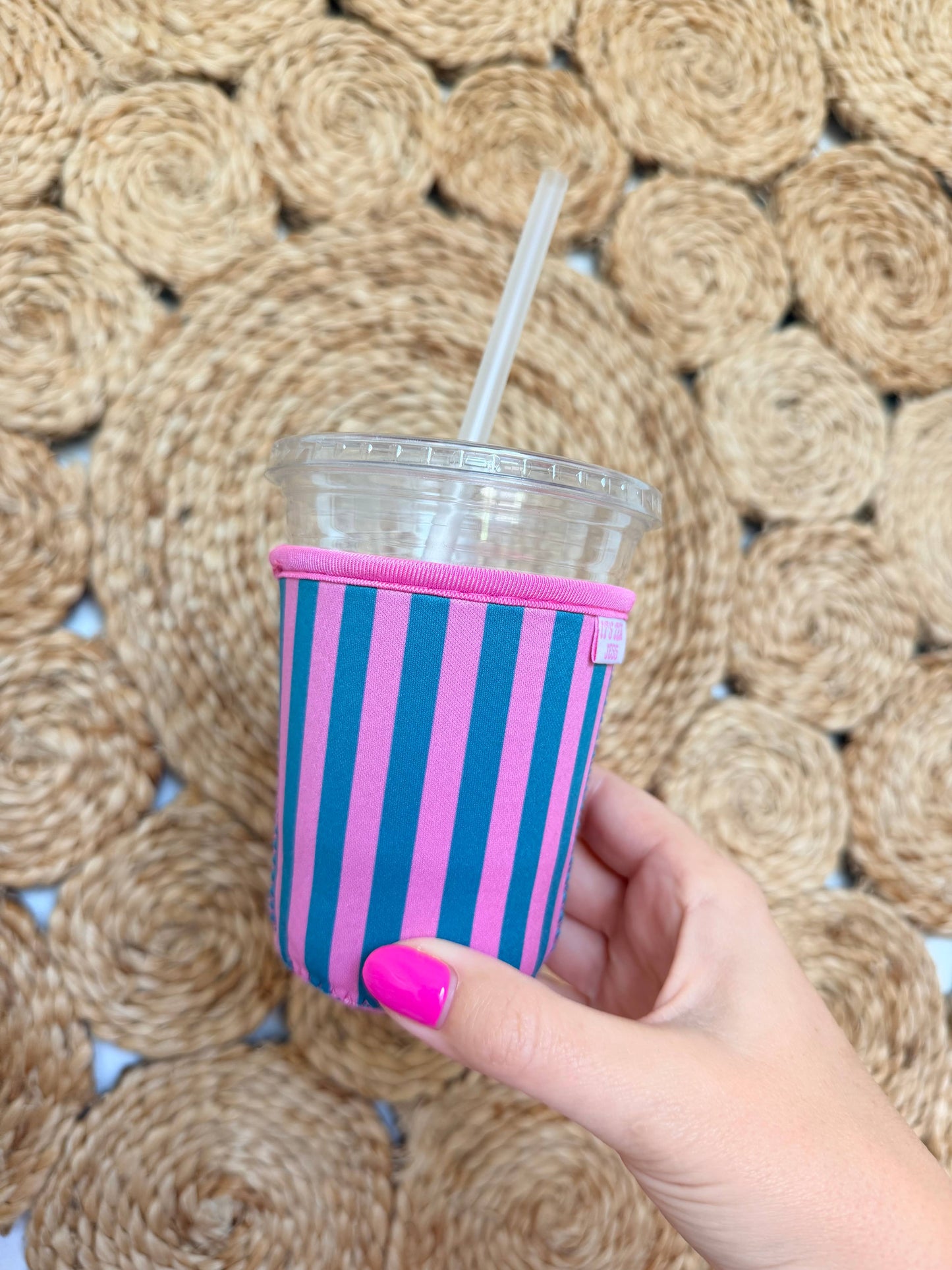 It's Tex Jess - Iced Coffee Sleeve - Pink and Turquoise Stripe