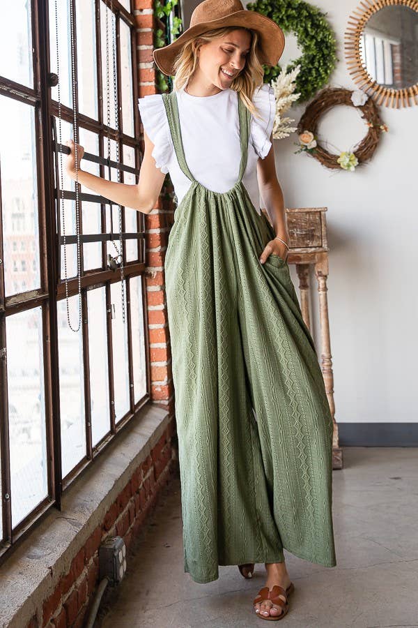 R5104B Wide Leg Solid Stretched Eyelet Lace  Suspender Pants: S-M-L (2-2-2) / OLIVE