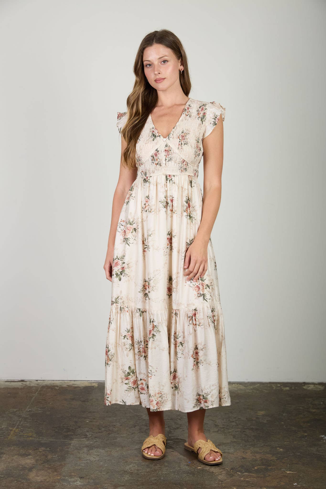 MINE - ROSE PRINT SMOCKED V NECK BUTTON DOWN MIDI DRESS