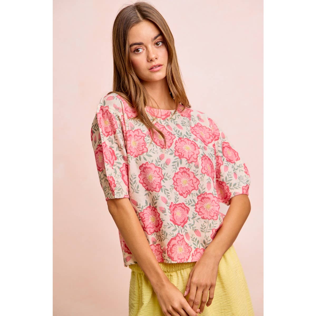 BiBi - FLOWER PRINTED PUFF SLEEVES KNIT TOP