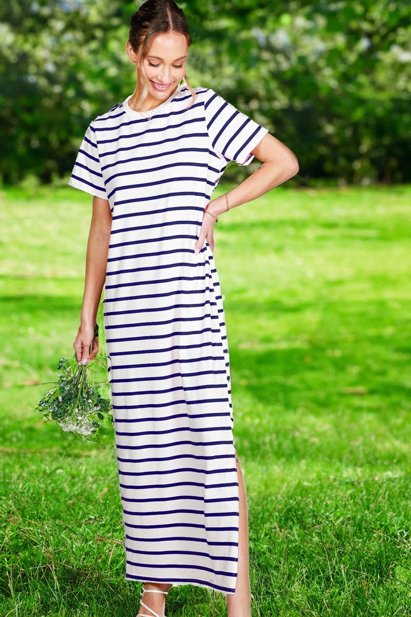 Vine & Love - Crew Neck Striped Cotton T-Shirt Maxi Dress VD82246