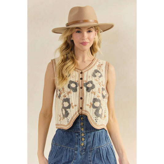 For The Love Of Crochet Floral Vest -Cream