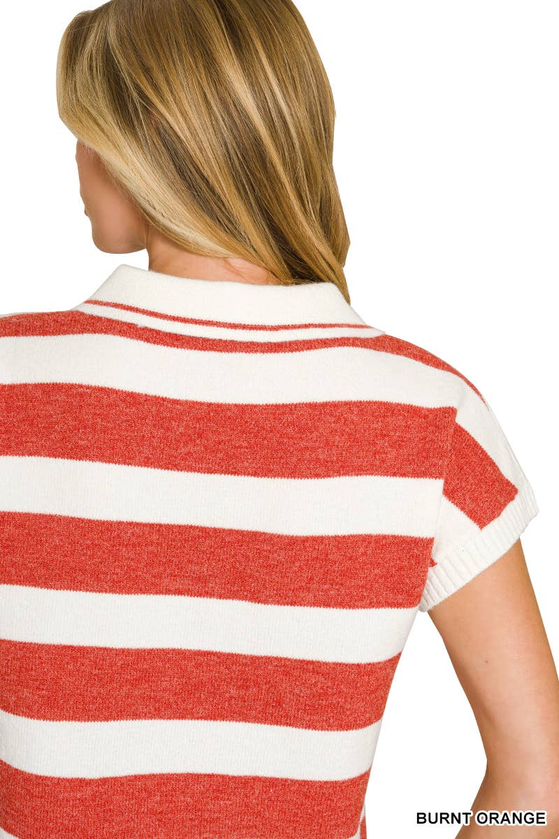 42POPS - `Striped Collared Short Sleeve Sweater  Zenana