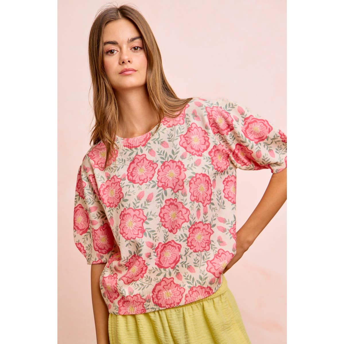 BiBi - FLOWER PRINTED PUFF SLEEVES KNIT TOP