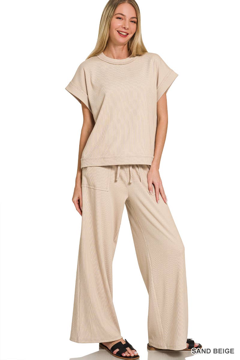 42POPS -  Ribbed Short Sleeve Tee & Pants 2PC Set - Zenana