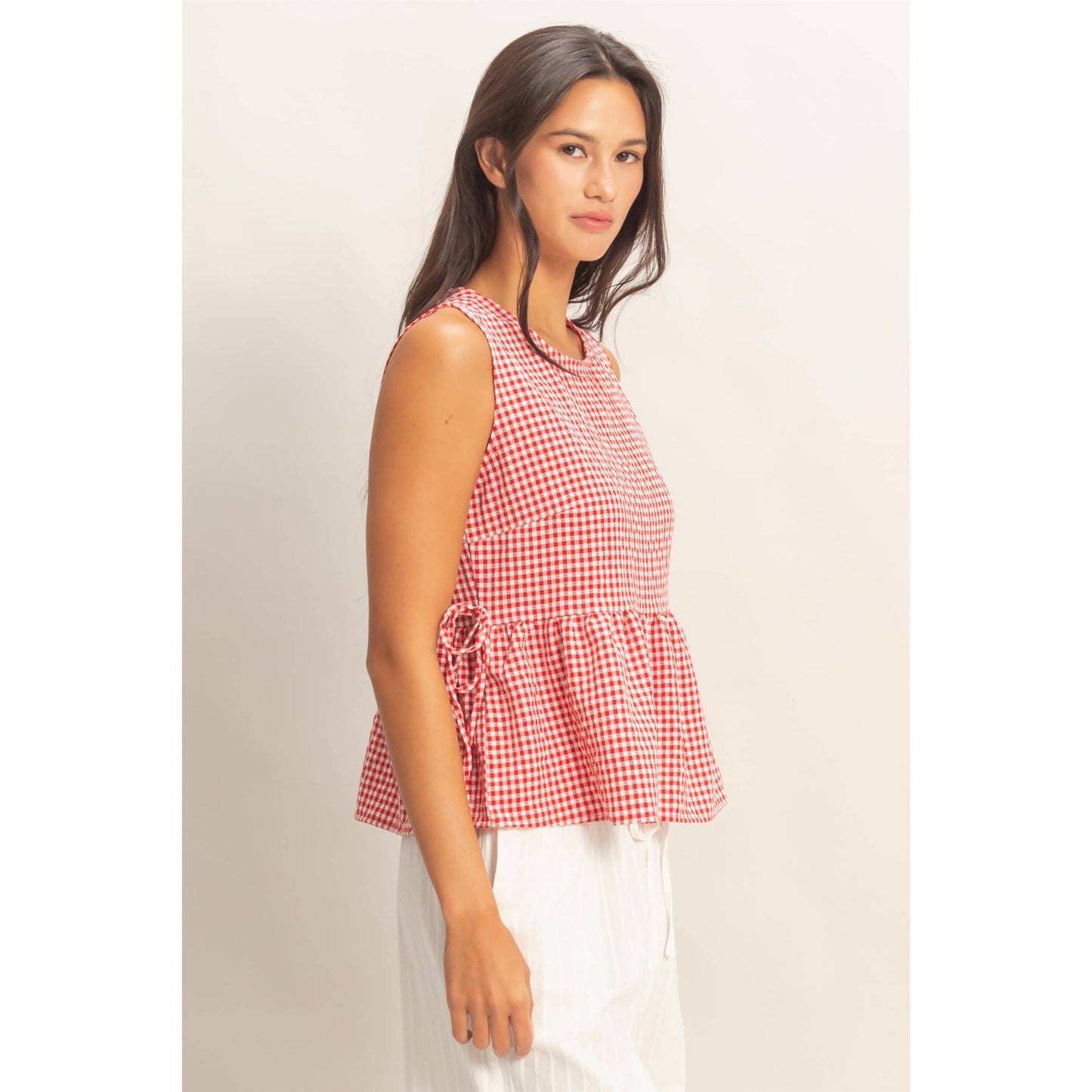 Red Gingham Sleeveless Peplum Top With Side Ties