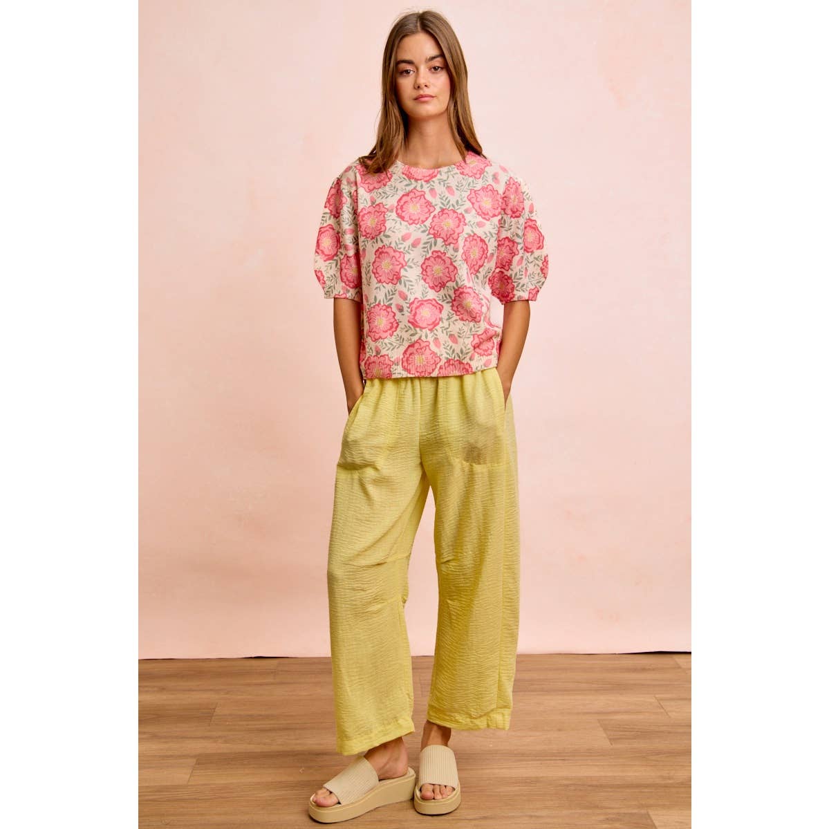 BiBi - FLOWER PRINTED PUFF SLEEVES KNIT TOP
