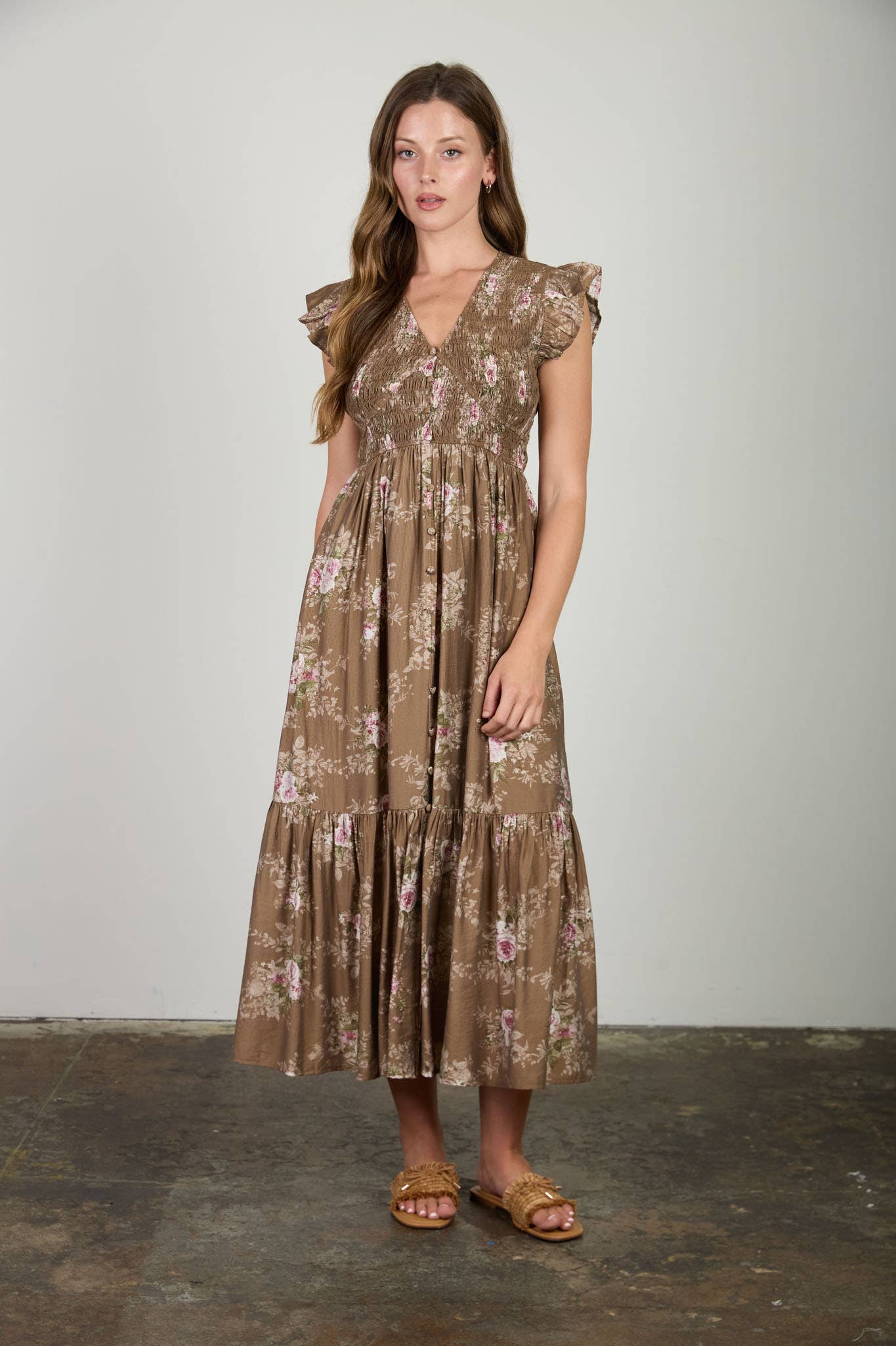 MINE - ROSE PRINT SMOCKED V NECK BUTTON DOWN MIDI DRESS