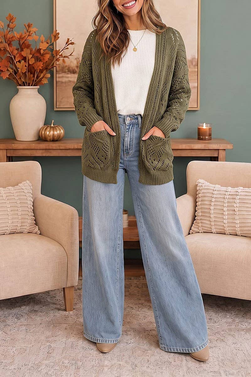 ROUSSEAU - Olive Open Knit Oversized Cardigan