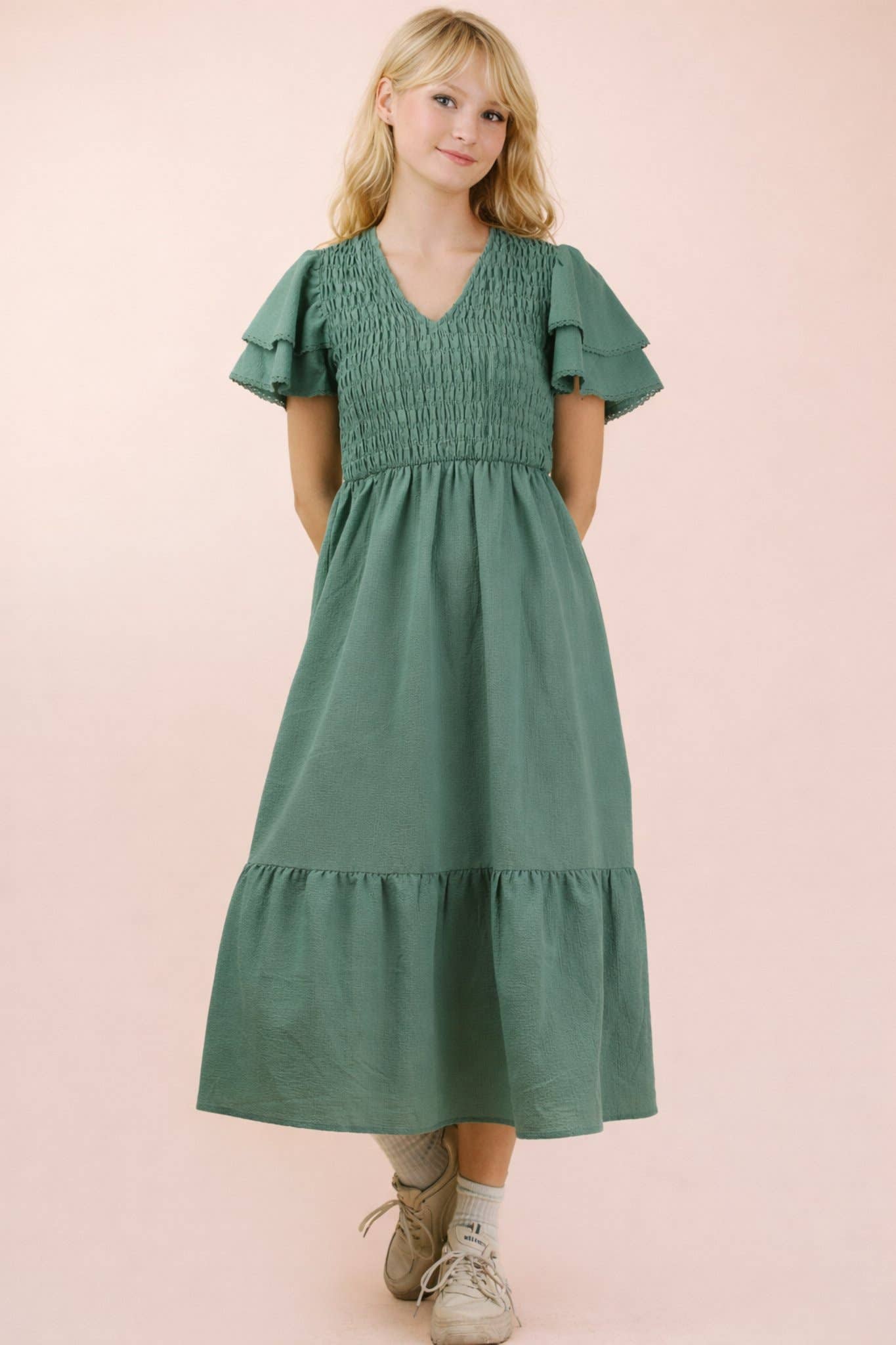 Sage Smocking Torso Ruffle Sleeve Midi Dress