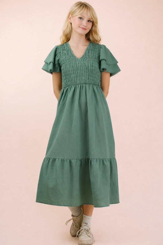 Sage Smocking Torso Ruffle Sleeve Midi Dress