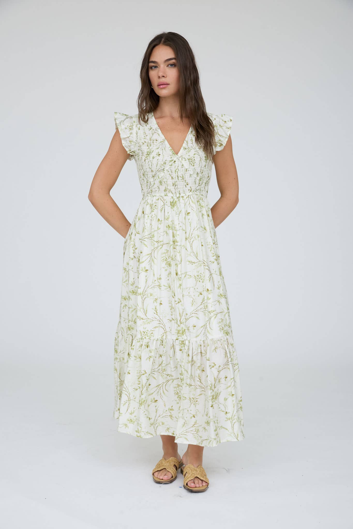 MINE - FLORAL SMOCKED V NECK BUTTON DOWN MIDI DRESS