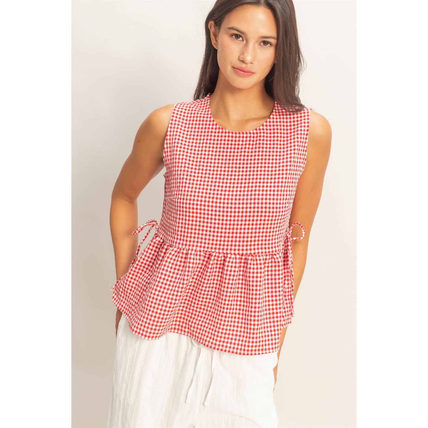 Red Gingham Sleeveless Peplum Top With Side Ties