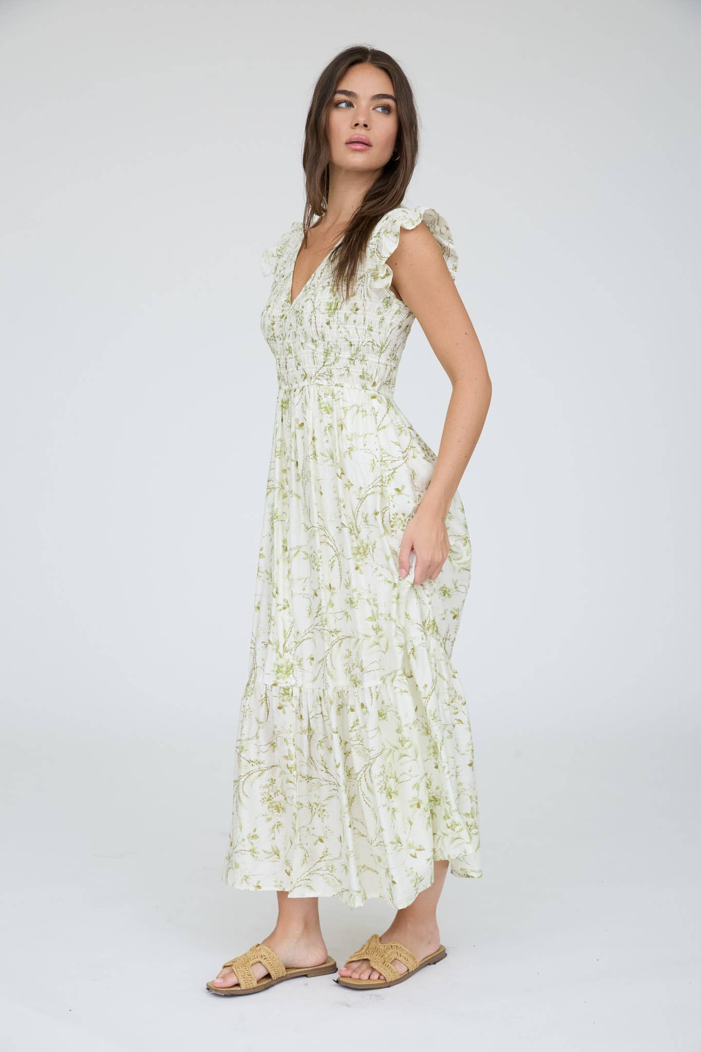 MINE - FLORAL SMOCKED V NECK BUTTON DOWN MIDI DRESS