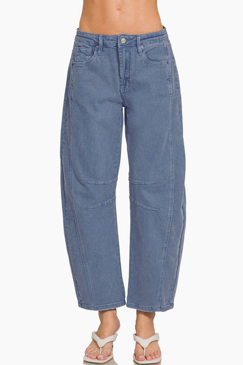 42POPS -  High Rise Barrel Leg Color Denim Pants - Zenana