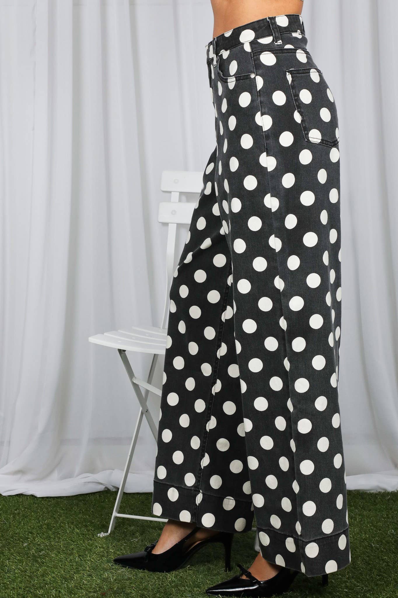 Vine & Love - Polka Dot Straight Leg Cotton Denim Span Pants VP83369B