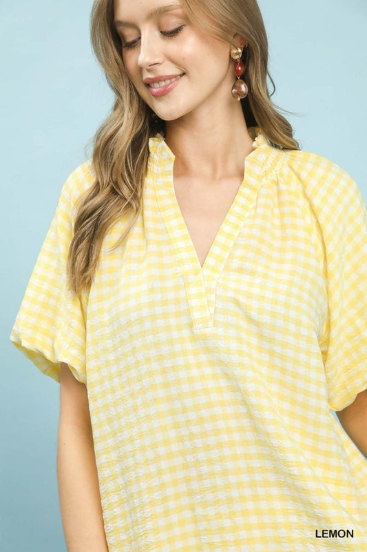 Yellow Gingham Bubble Sleeve V-neck Top