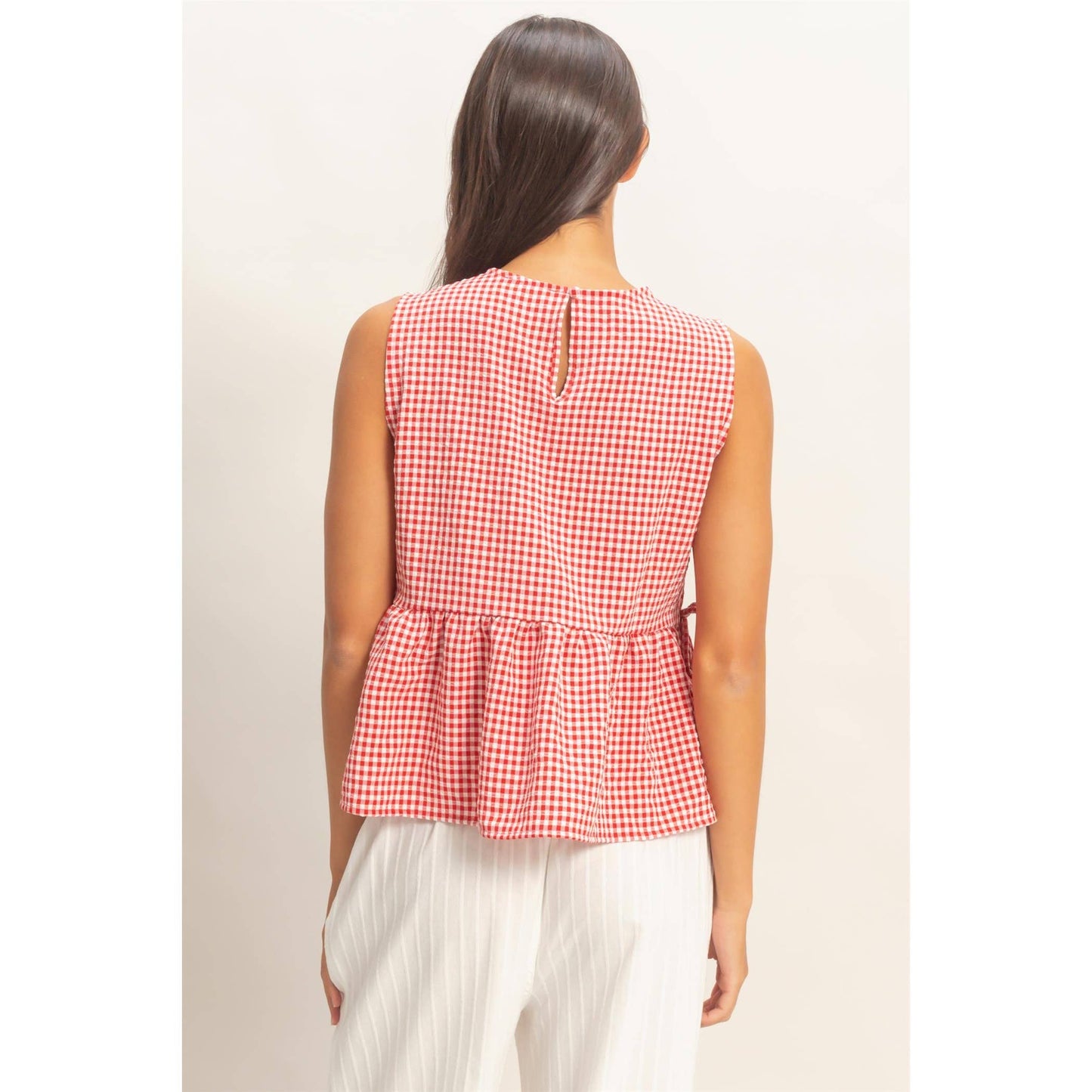 Red Gingham Sleeveless Peplum Top With Side Ties