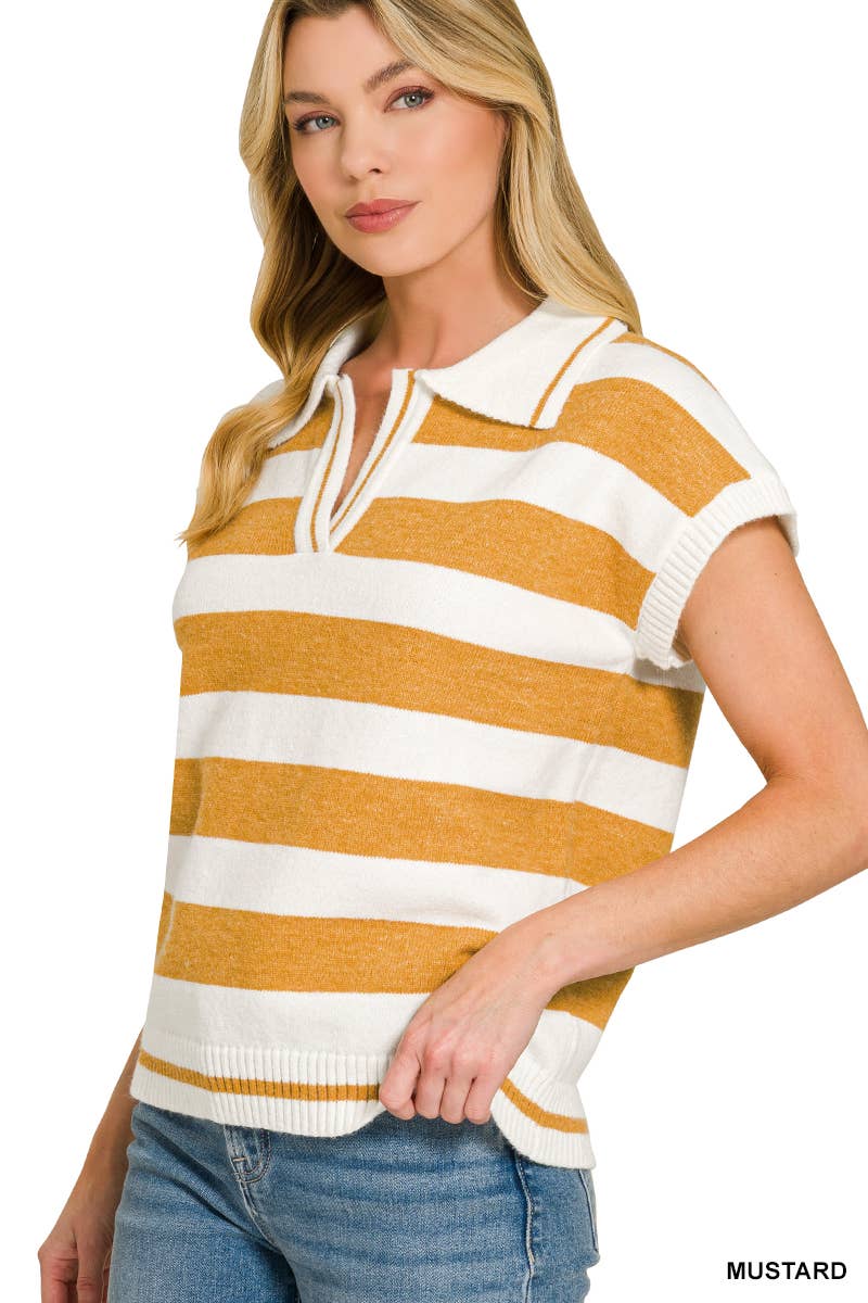 42POPS - `Striped Collared Short Sleeve Sweater  Zenana