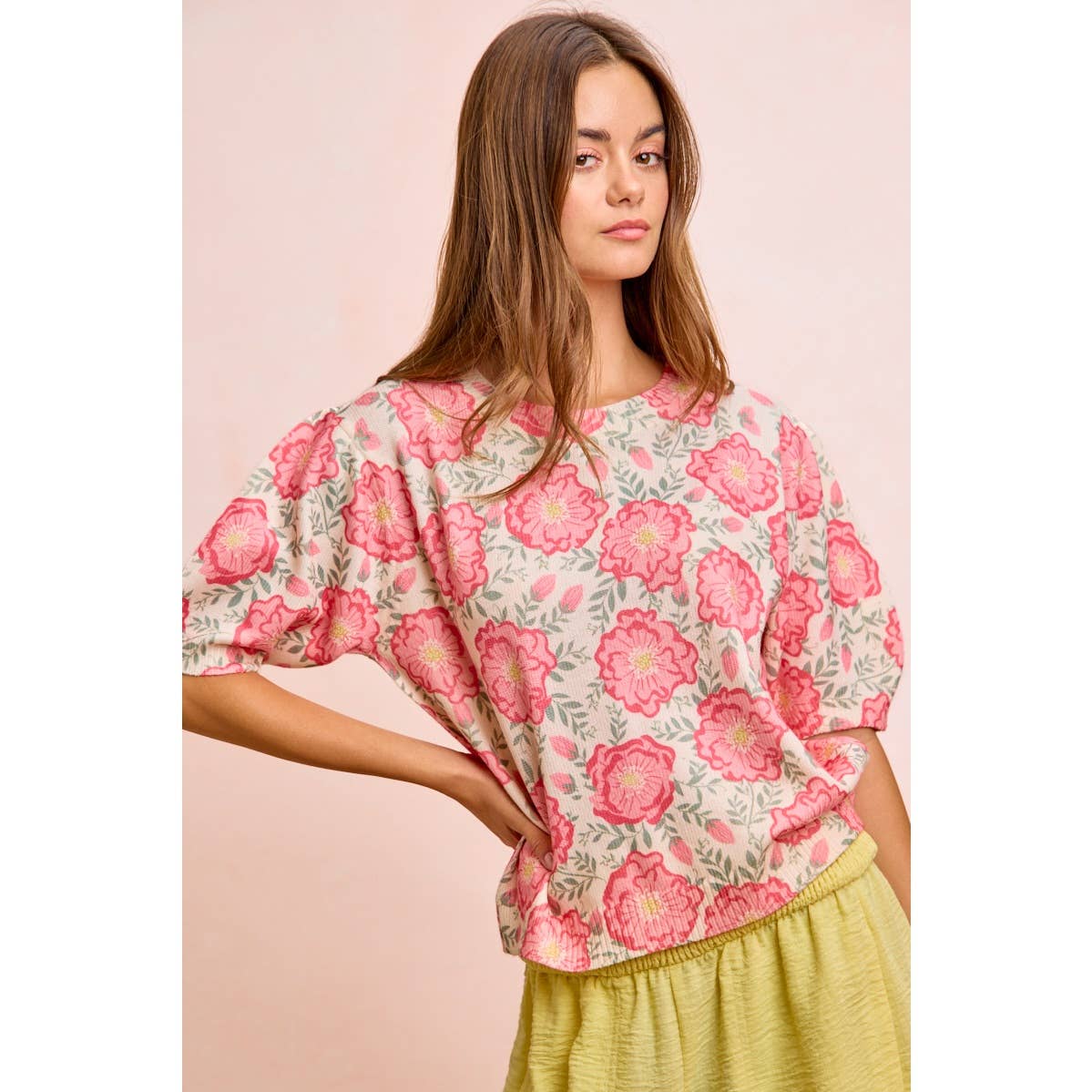 BiBi - FLOWER PRINTED PUFF SLEEVES KNIT TOP