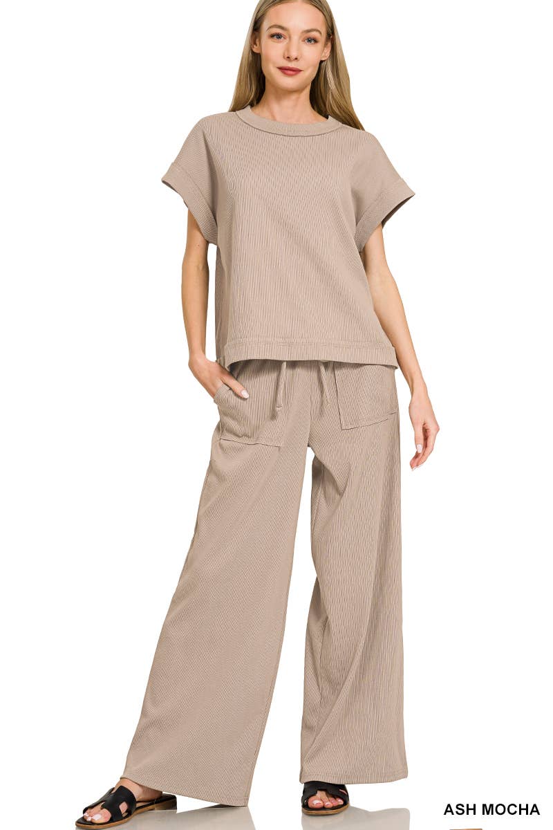 42POPS -  Ribbed Short Sleeve Tee & Pants 2PC Set - Zenana