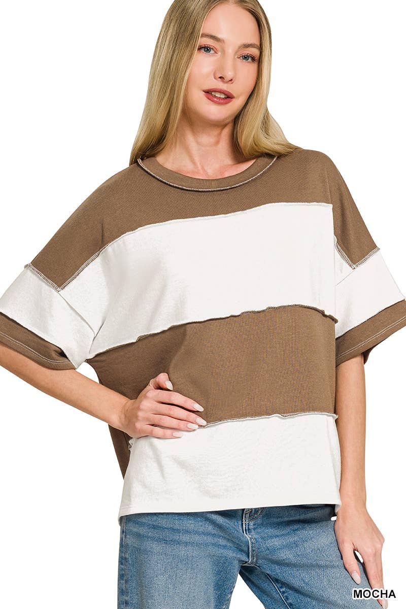 42POPS -  French Terry Color Block Exposed Seam Top - Zenana