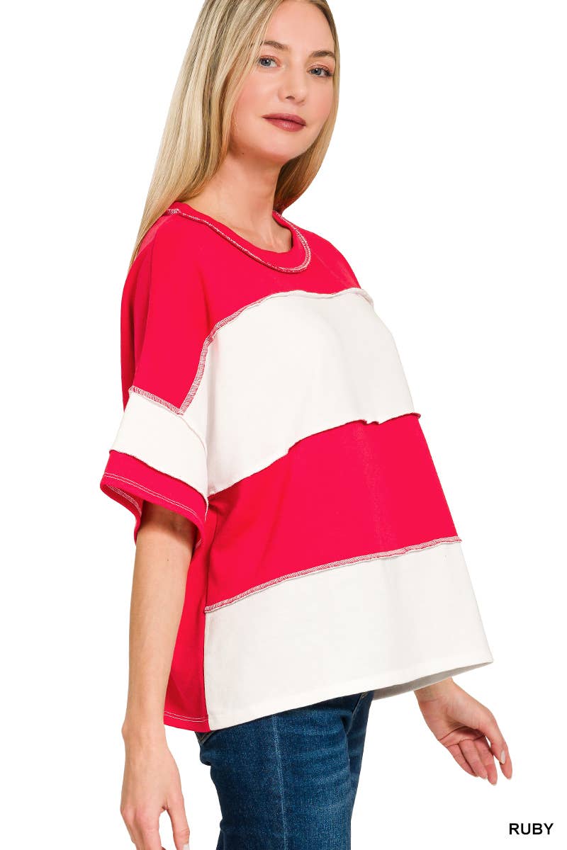 42POPS -  French Terry Color Block Exposed Seam Top - Zenana