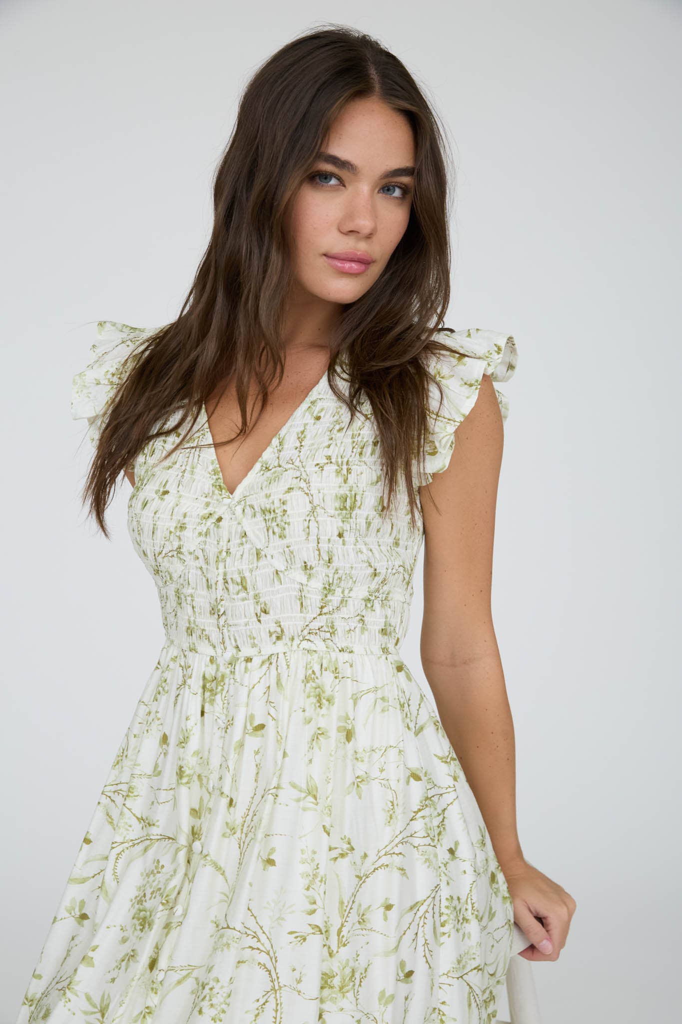 MINE - FLORAL SMOCKED V NECK BUTTON DOWN MIDI DRESS