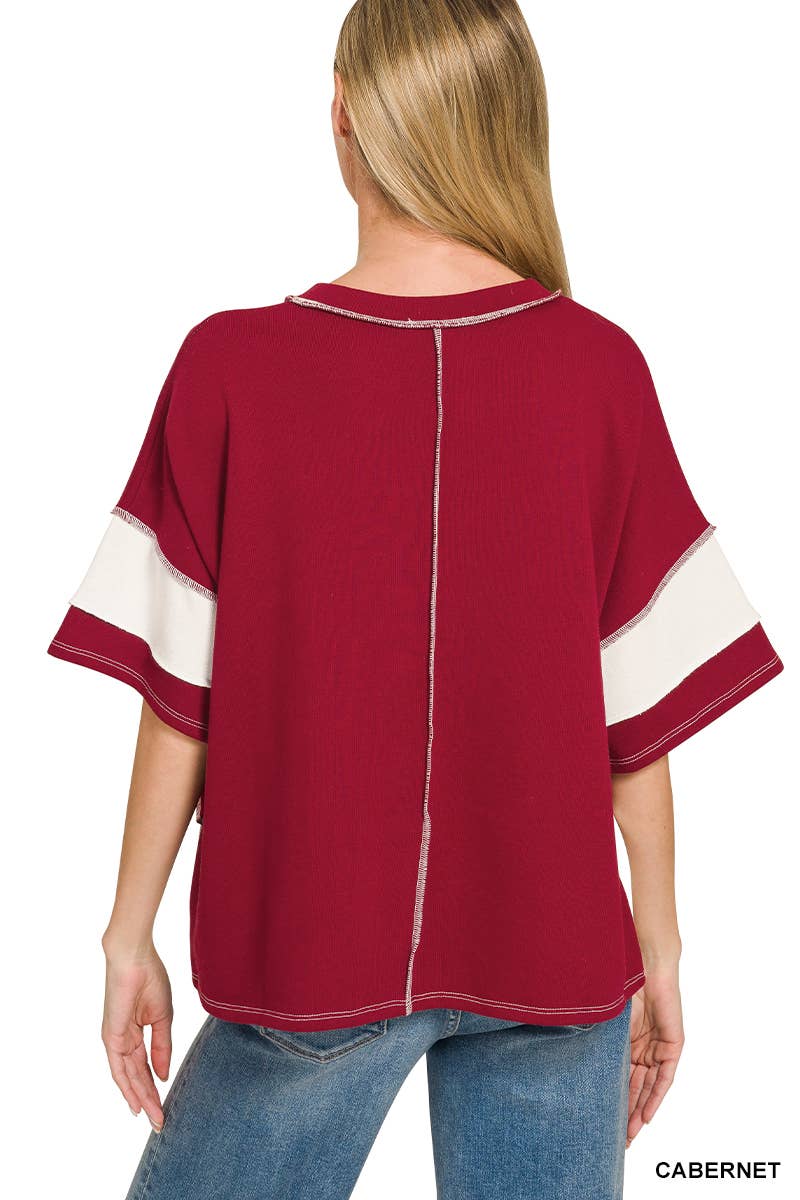 42POPS -  French Terry Color Block Exposed Seam Top - Zenana