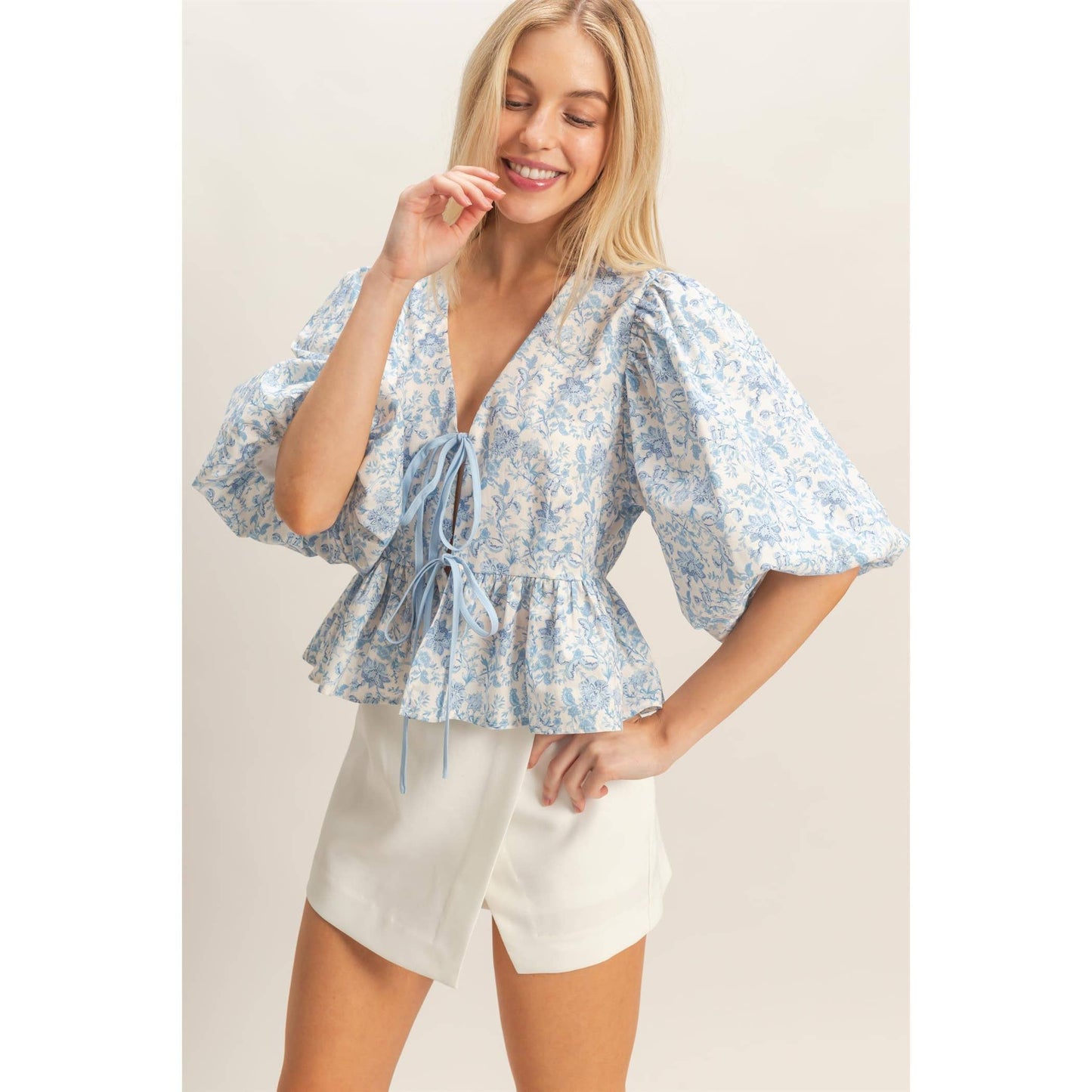 Vintage Ways Floral Tie-Front Peplum Top