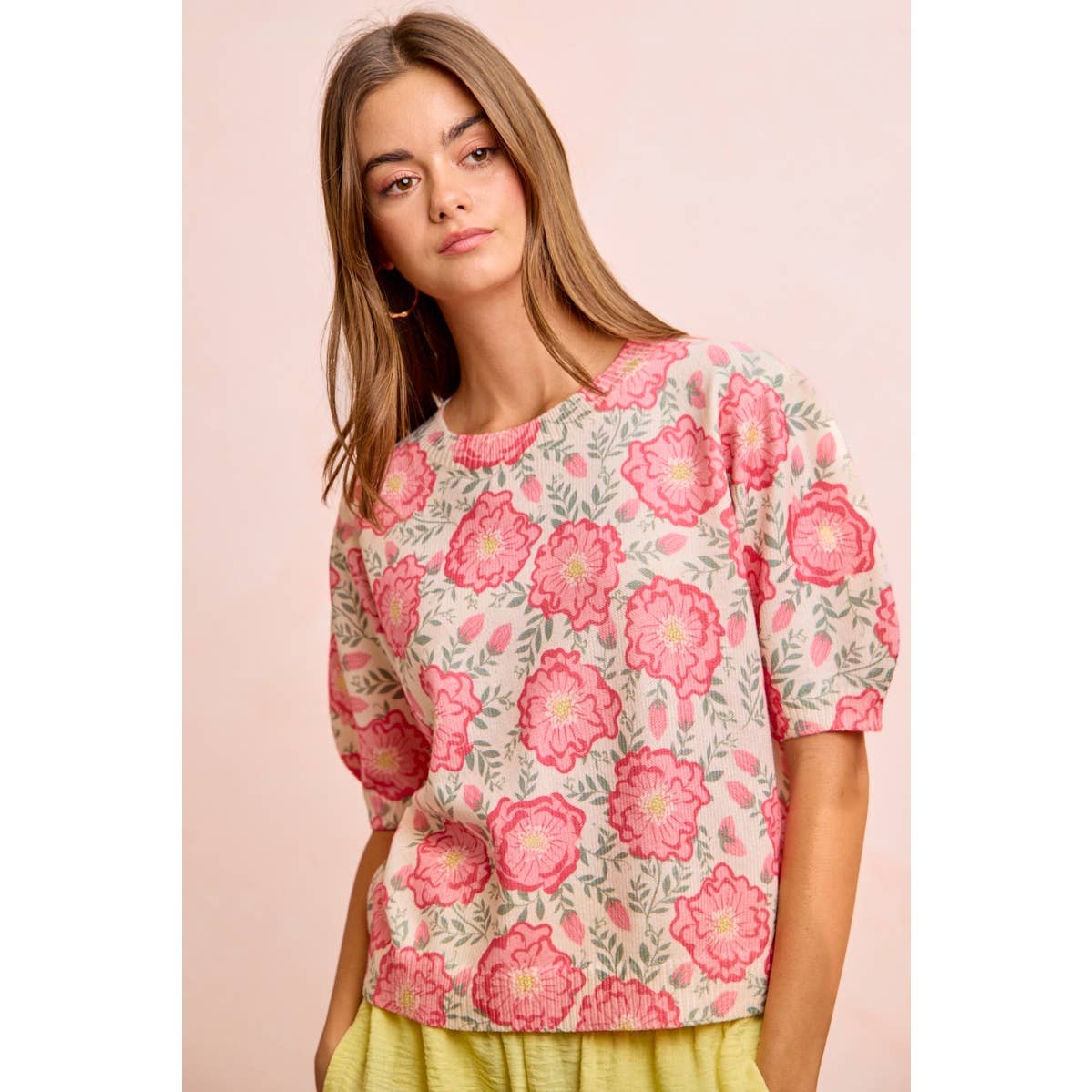 BiBi - FLOWER PRINTED PUFF SLEEVES KNIT TOP