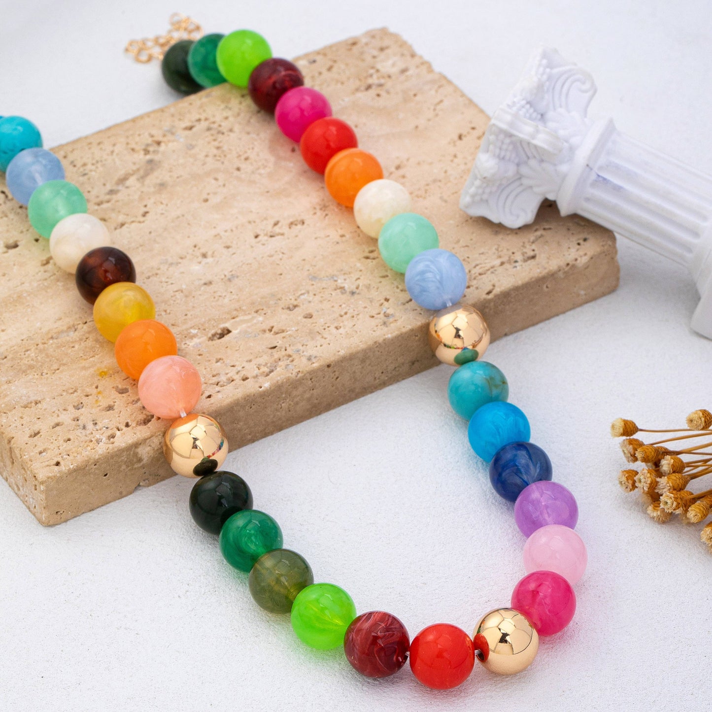JOSSLYN by wall to wall - Rainbow Marbled Resin Bead Necklace | 80N93447