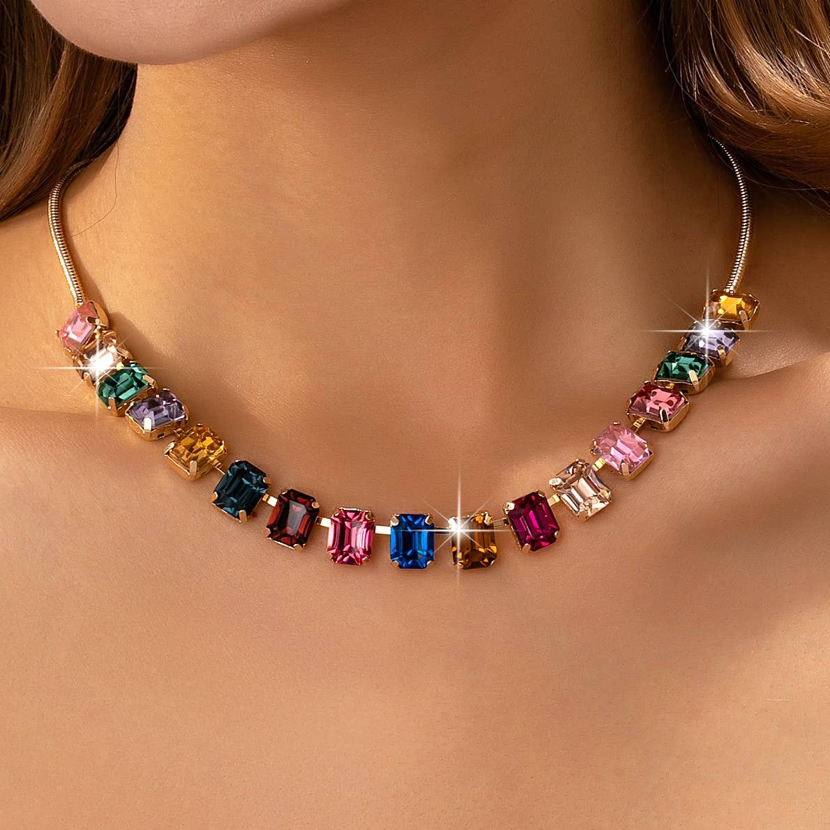 JOSSLYN by wall to wall - Rainbow Emerald-Cut Gemstone Statement Necklace | 80N92825