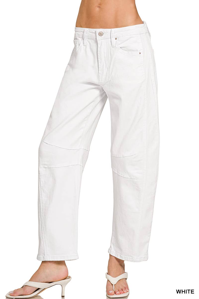 42POPS -  High Rise Barrel Leg Color Denim Pants - Zenana