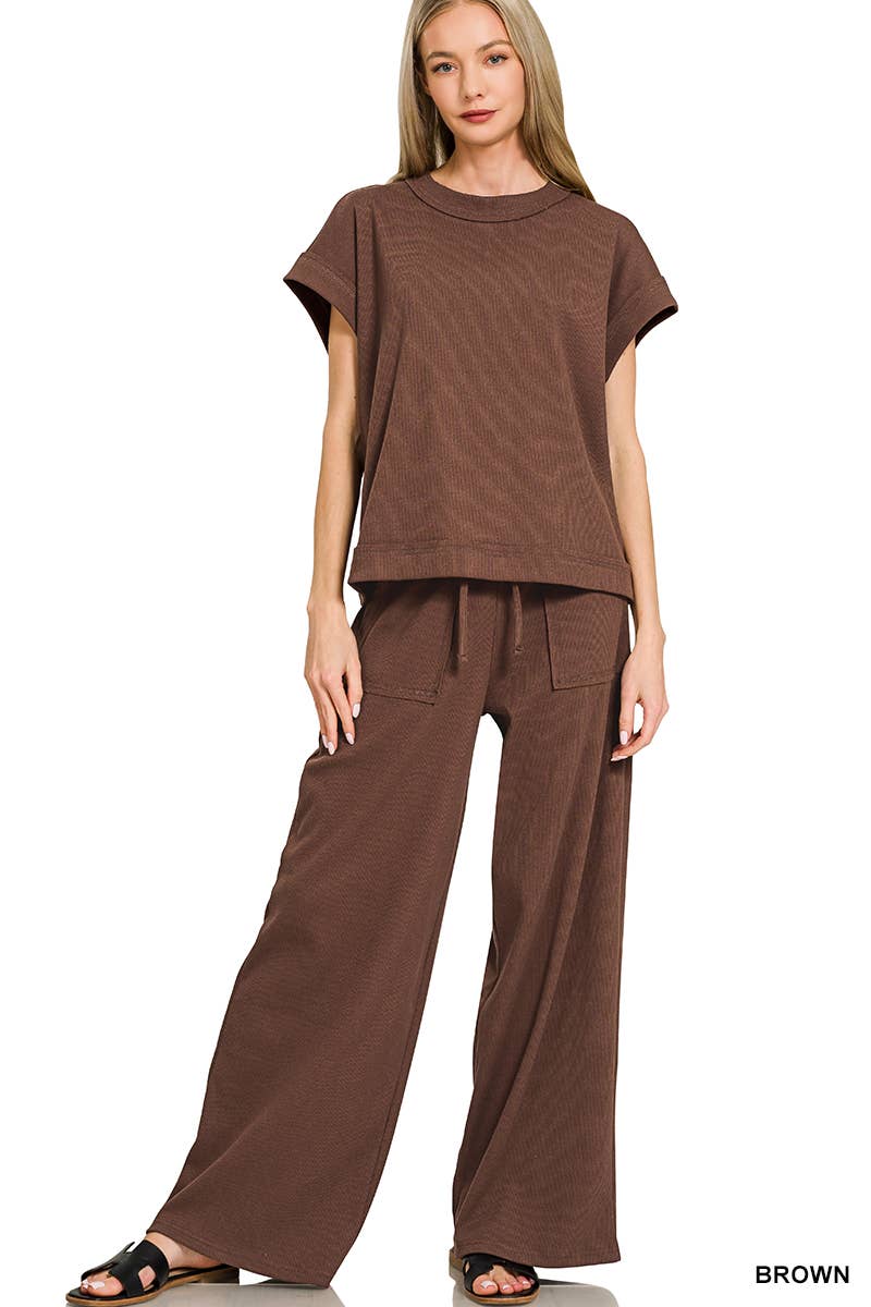 42POPS -  Ribbed Short Sleeve Tee & Pants 2PC Set - Zenana