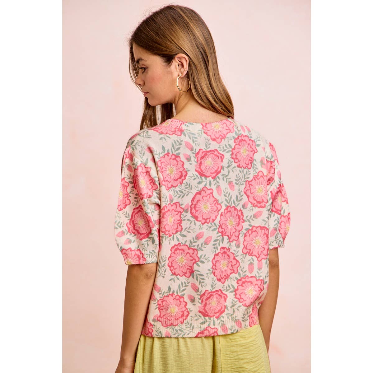 BiBi - FLOWER PRINTED PUFF SLEEVES KNIT TOP