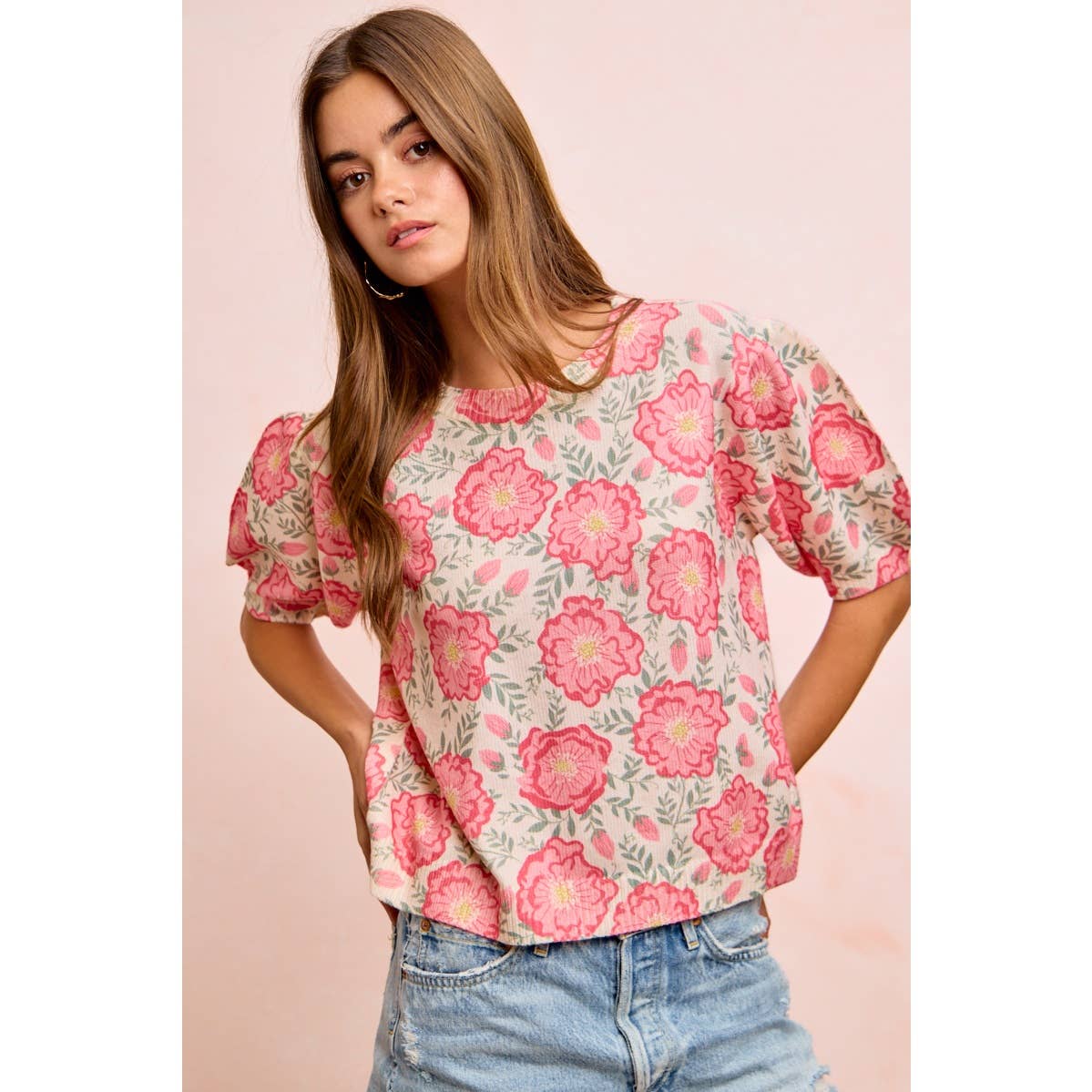 BiBi - FLOWER PRINTED PUFF SLEEVES KNIT TOP