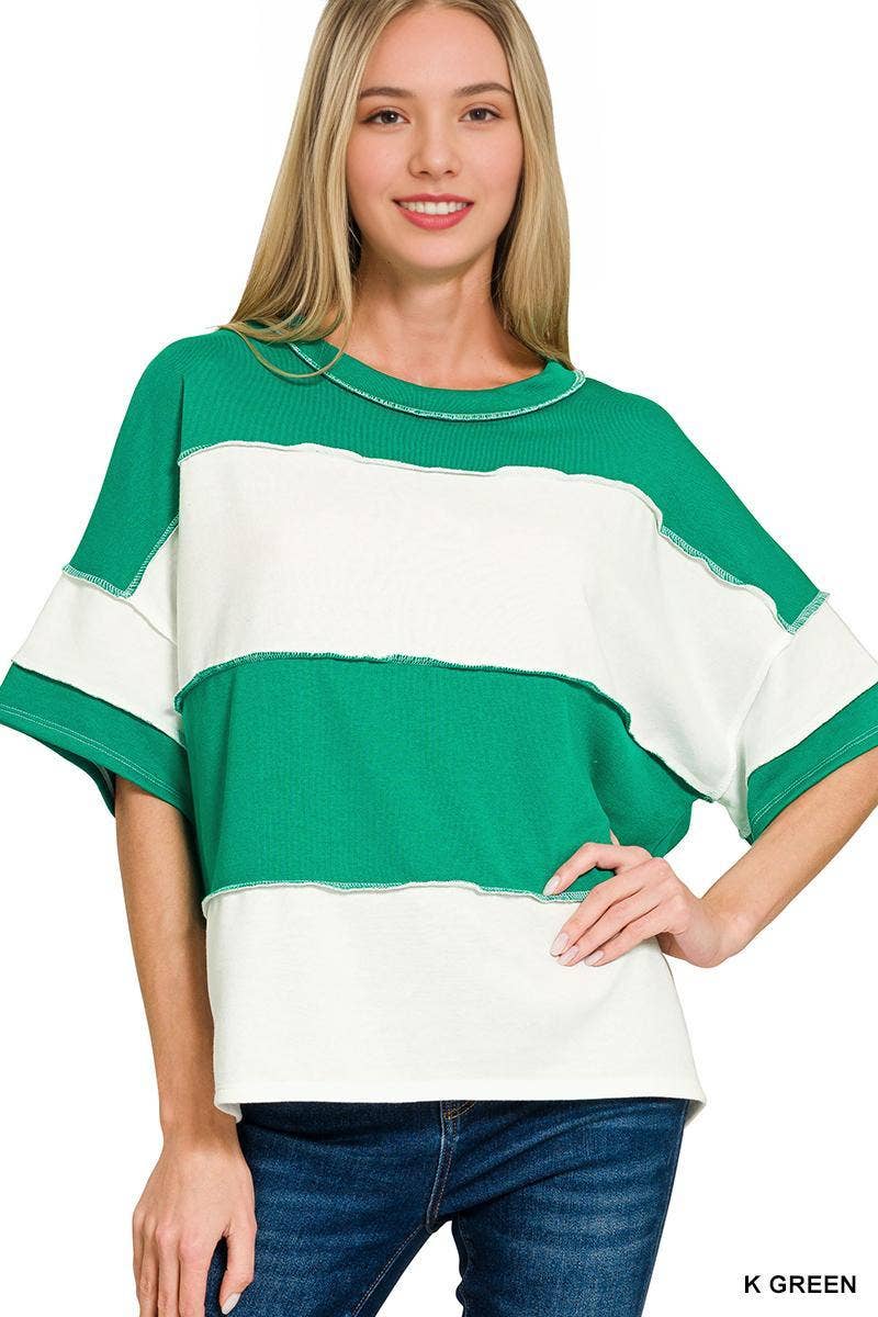 42POPS -  French Terry Color Block Exposed Seam Top - Zenana