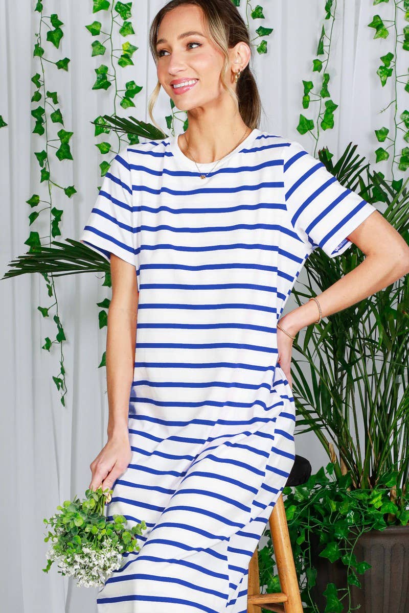 Vine & Love - Crew Neck Striped Cotton T-Shirt Maxi Dress VD82246