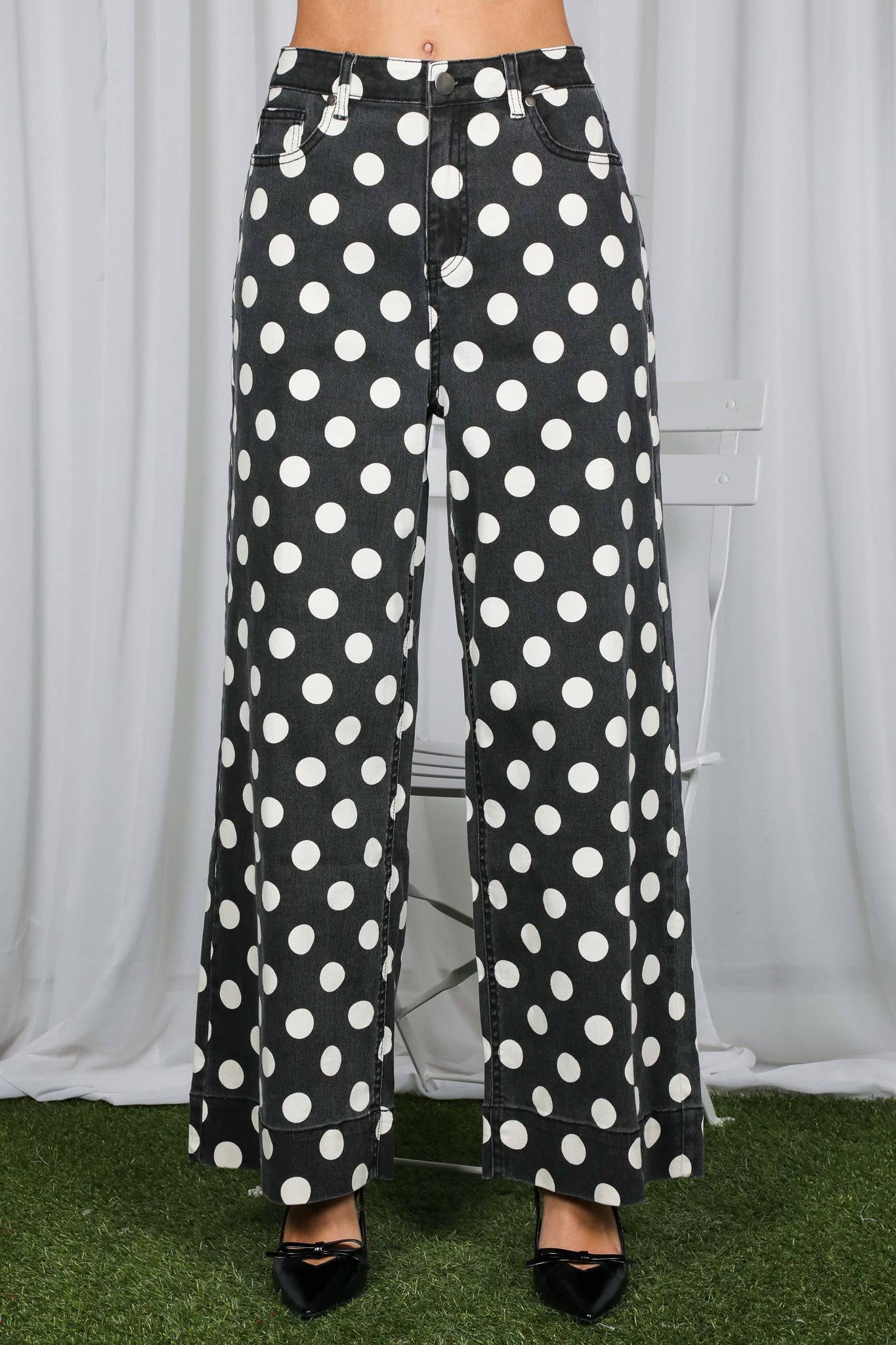 Vine & Love - Polka Dot Straight Leg Cotton Denim Span Pants VP83369B