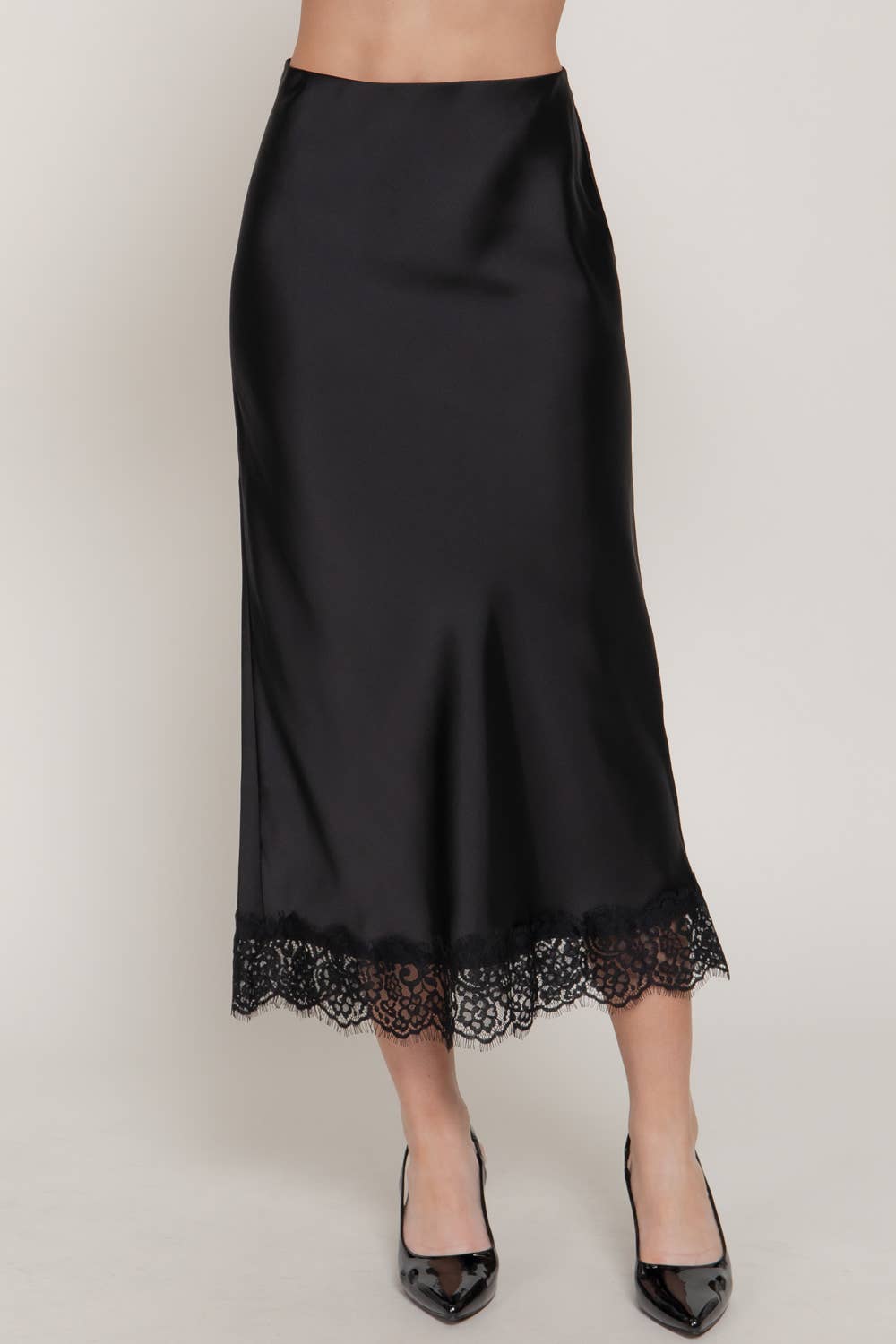 42POPS -  Mid-rise Lace Trim Satin Midi Skirt