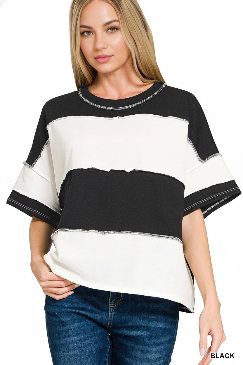 42POPS -  French Terry Color Block Exposed Seam Top - Zenana