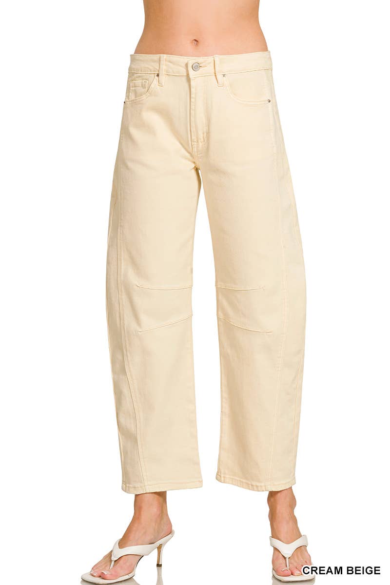 42POPS -  High Rise Barrel Leg Color Denim Pants - Zenana