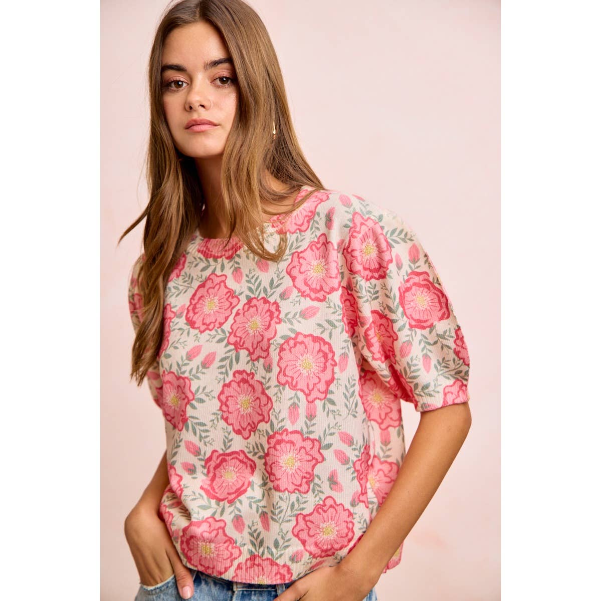BiBi - FLOWER PRINTED PUFF SLEEVES KNIT TOP