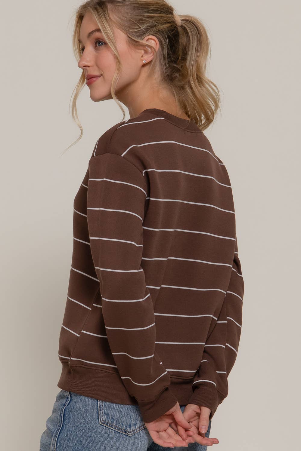 Fall Moves Long Sleeve Engineer Stripe Inner Fleece Sweatshirt - Brown