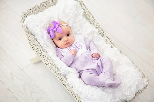 Lavender Tiny Stripe Bib Front Footie - Preemie