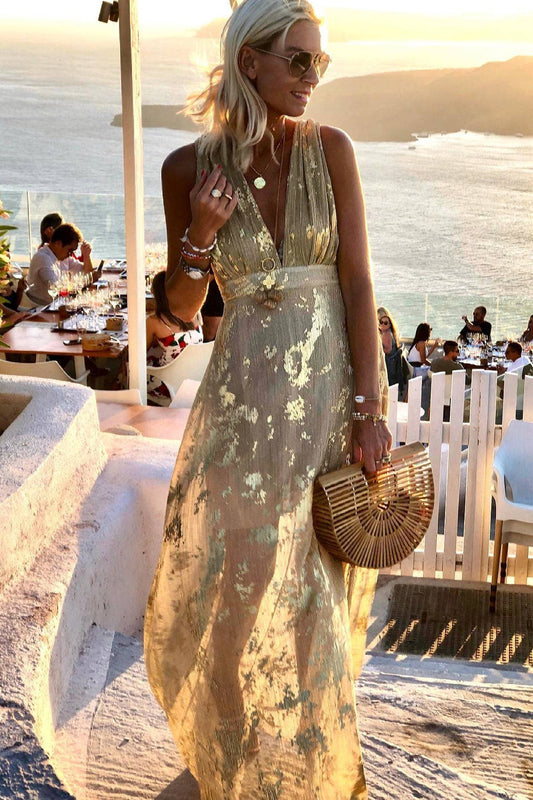 Charmo - V Neck Sleeveless Waist Tight Flowy Hem Maxi Dress